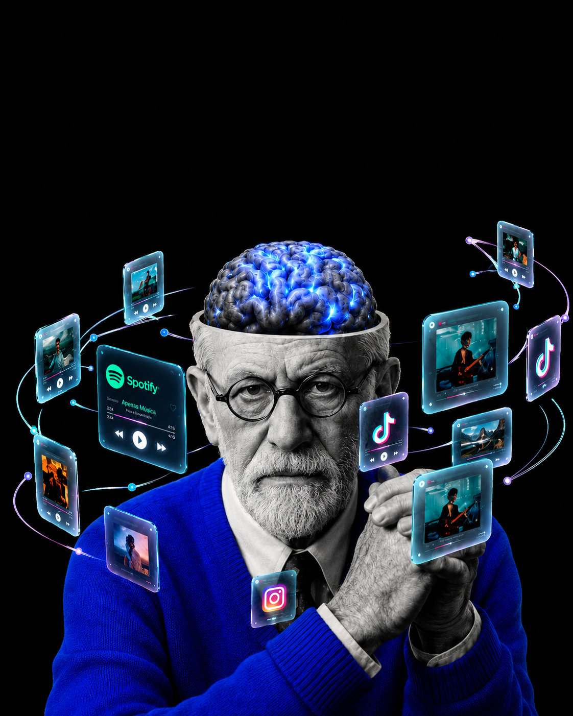 Freud com o cérebro em sinapse, cercado por cards de redes sociais